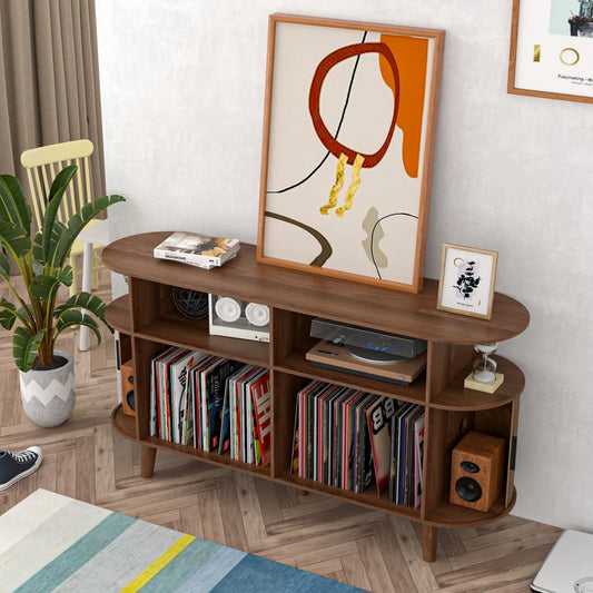 Large Record Player Stand, Mid-century Turntable Stand With Sliding Doors, Vinyl Display Stand